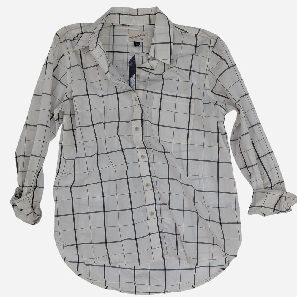 Universal Thread oversized cream plaid cotton shirt with black grid pattern XS.